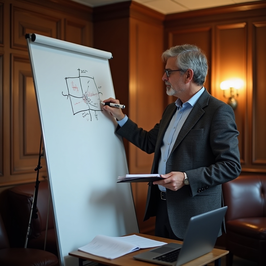 A facilitator standing near a whiteboard sketching a morning routine diagram during a live workshop session, laptop and notes visible on a nearby table