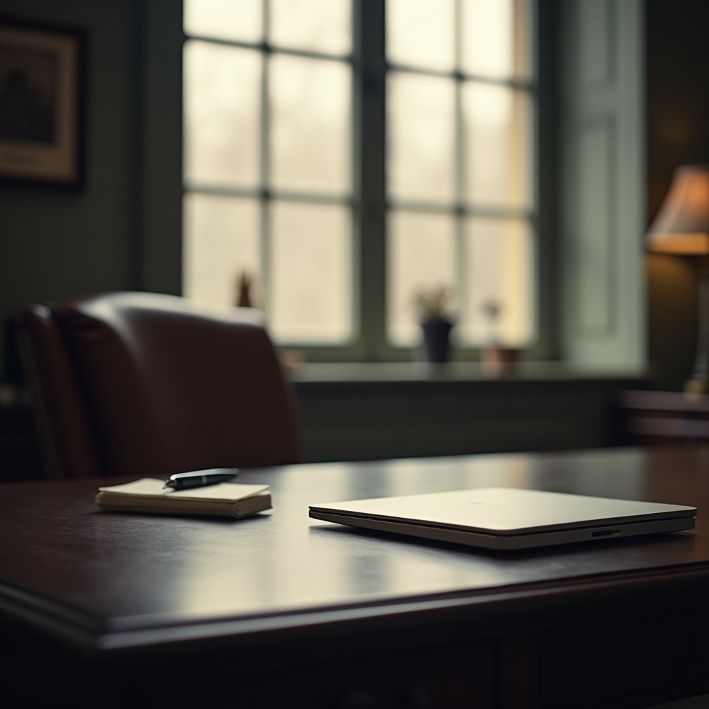 A quiet office workspace near a large window with soft daylight, a laptop closed, and a notebook open on the desk