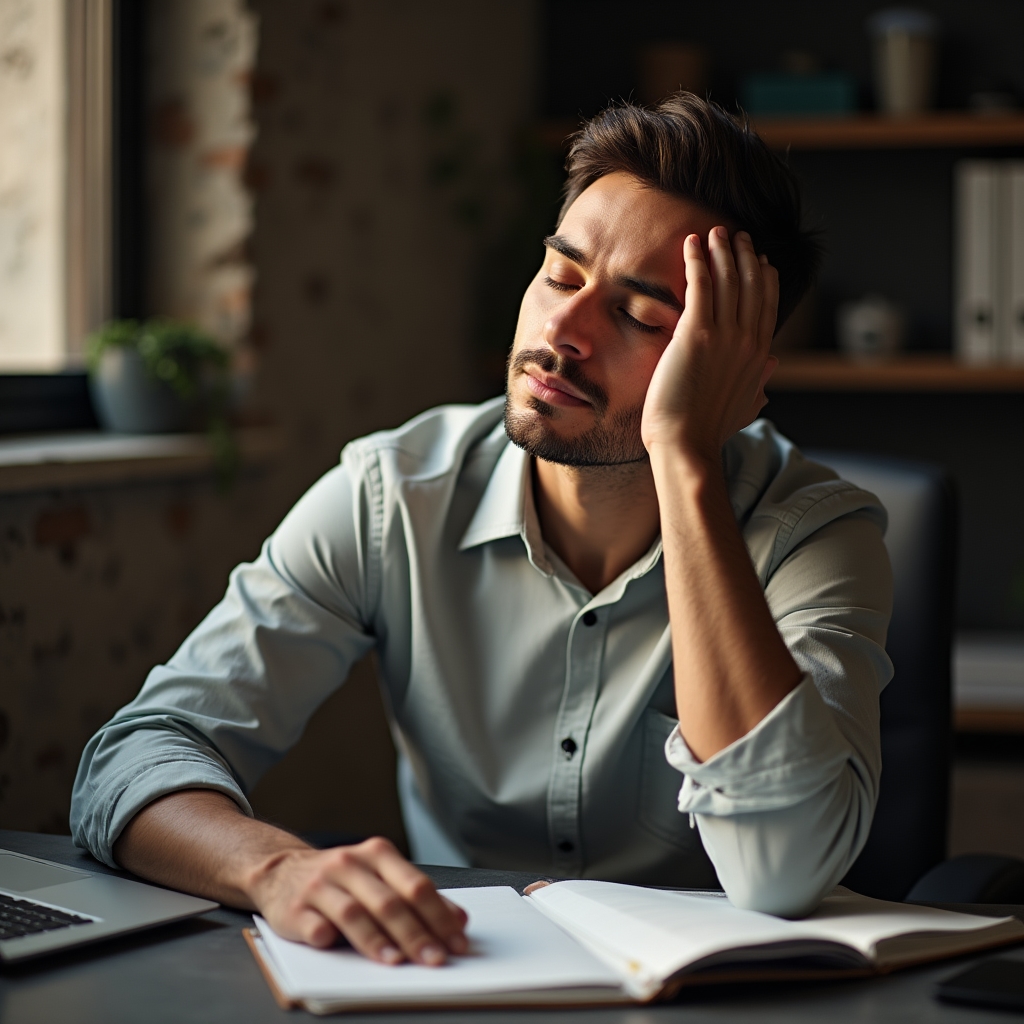 A person pausing at their desk with eyes closed, hand on notebook, taking a brief moment to refocus after an interruption
